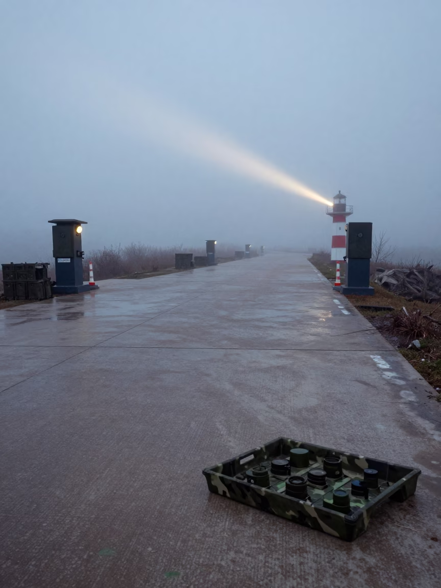 Predawn Hangar Checkpoint with Camouflage Paint Tray in at a checkpoint lane in Guizhou