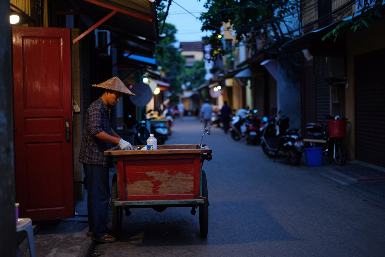 Predawn Hanoi Street Scene with Red Lacquered Wood and Ceramic Plate in in Hanoi, Vietnam