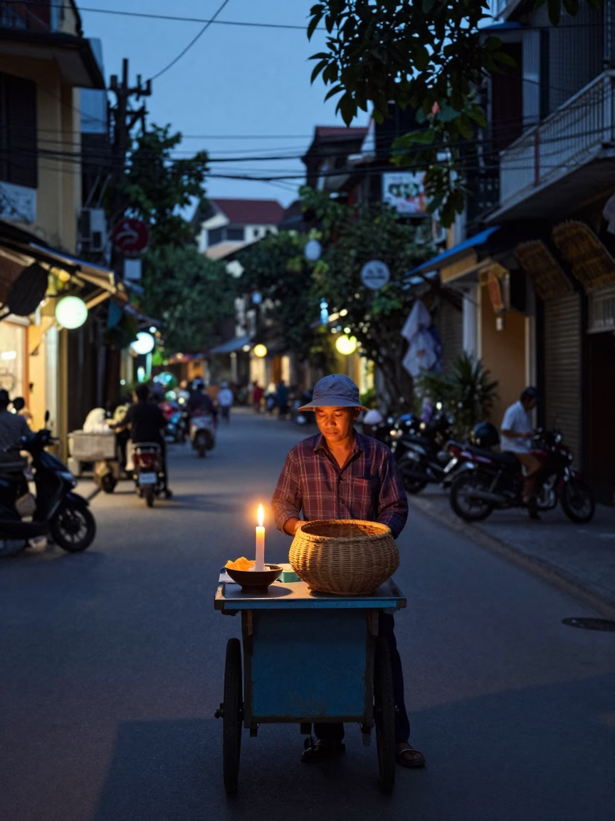 Predawn Hanoi Street Scene with Taper Candle and Wicker Shadow in in Hanoi, Vietnam