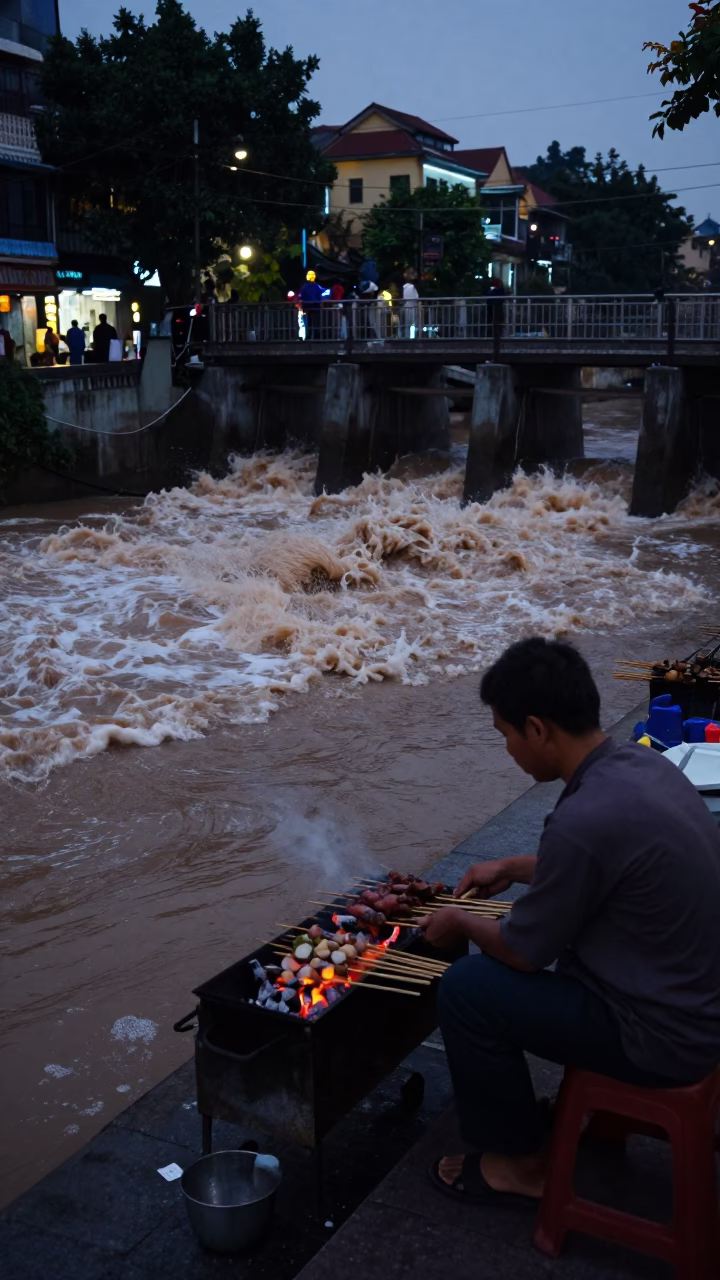 Predawn Hanoi Street Vendor Grilling Skewers Over Charcoal Embers in in Hanoi, Vietnam