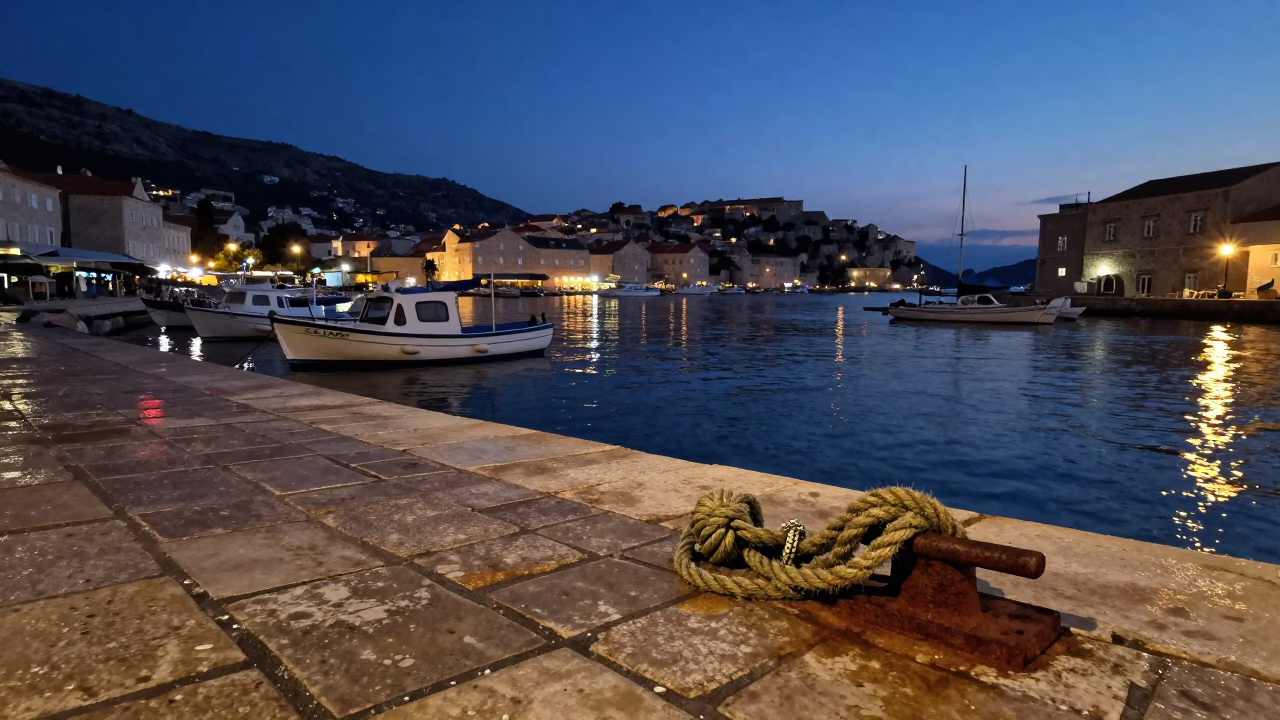 Predawn Harbor at The Predawn Darkness Light in Dubrovnik in in Dubrovnik, Croatia