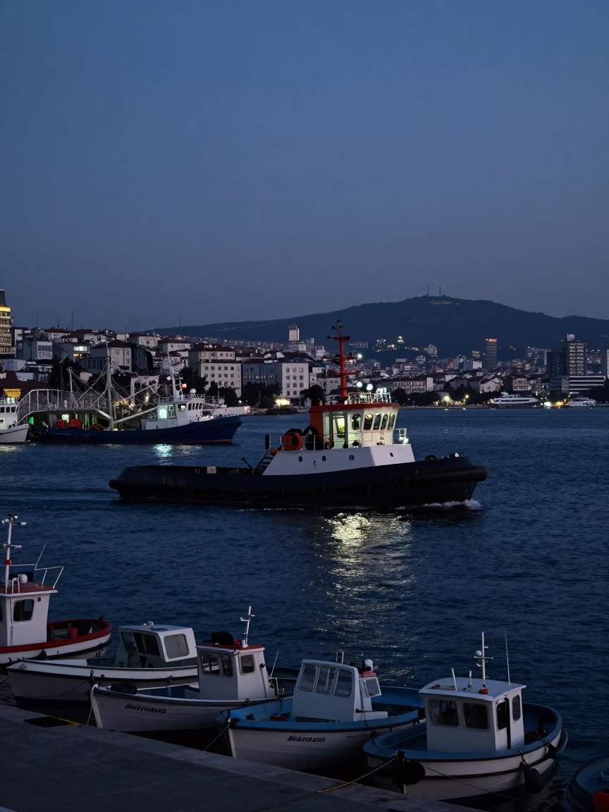 Predawn Harbor Scene in Izmir Turkey with Tugboat and Fishing Boats in in Izmir, Turkey