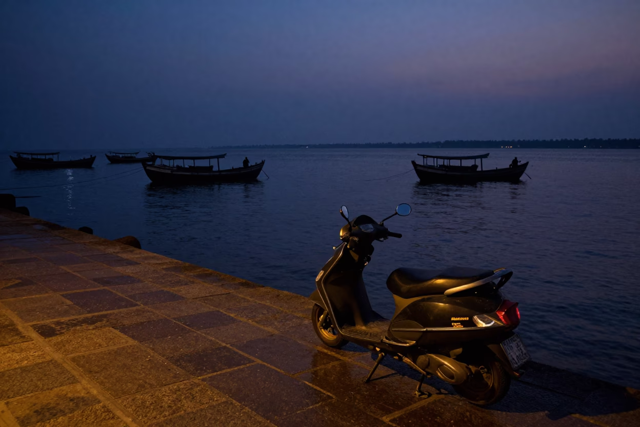 Predawn Harbor Scene in Kochi India with Scooter and Fishermen in in Kochi, India