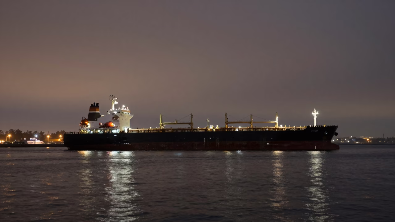 Predawn Harbor Silence in San Diego California with Tanker Ship and Oil Slick Reflections in in San Diego, California, United States