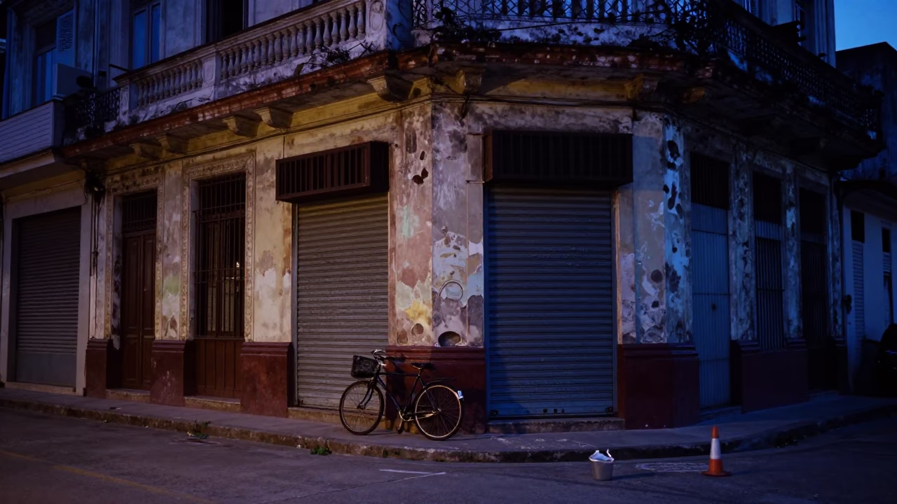 Predawn Havana Cuba Street Scene with Bicycle and Bakery Exterior in in Havana, Cuba