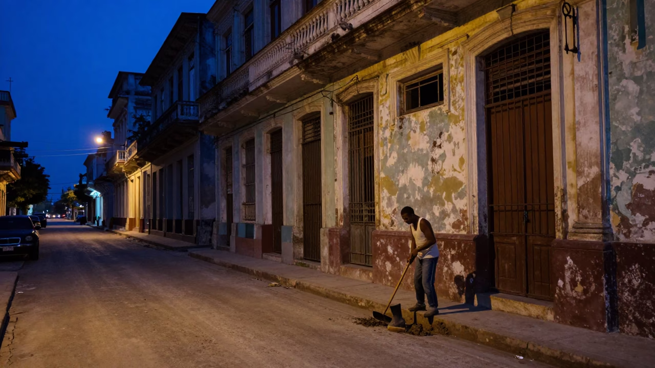 Predawn Havana Cuba Street Scene with Boot Scraper and Early Morning Light in in Havana, Cuba