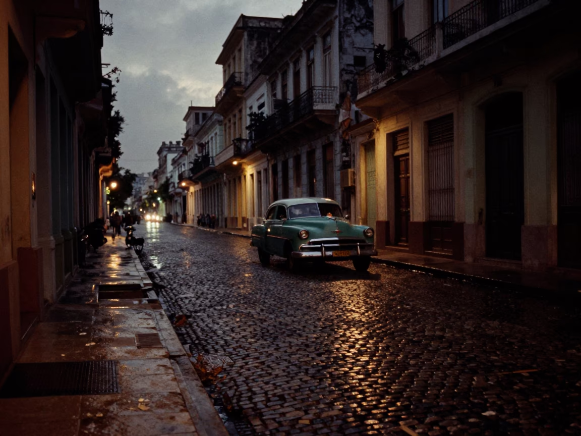 Predawn Havana Cuba Street Scene with Vintage Car and Cobblestone in in Havana, Cuba