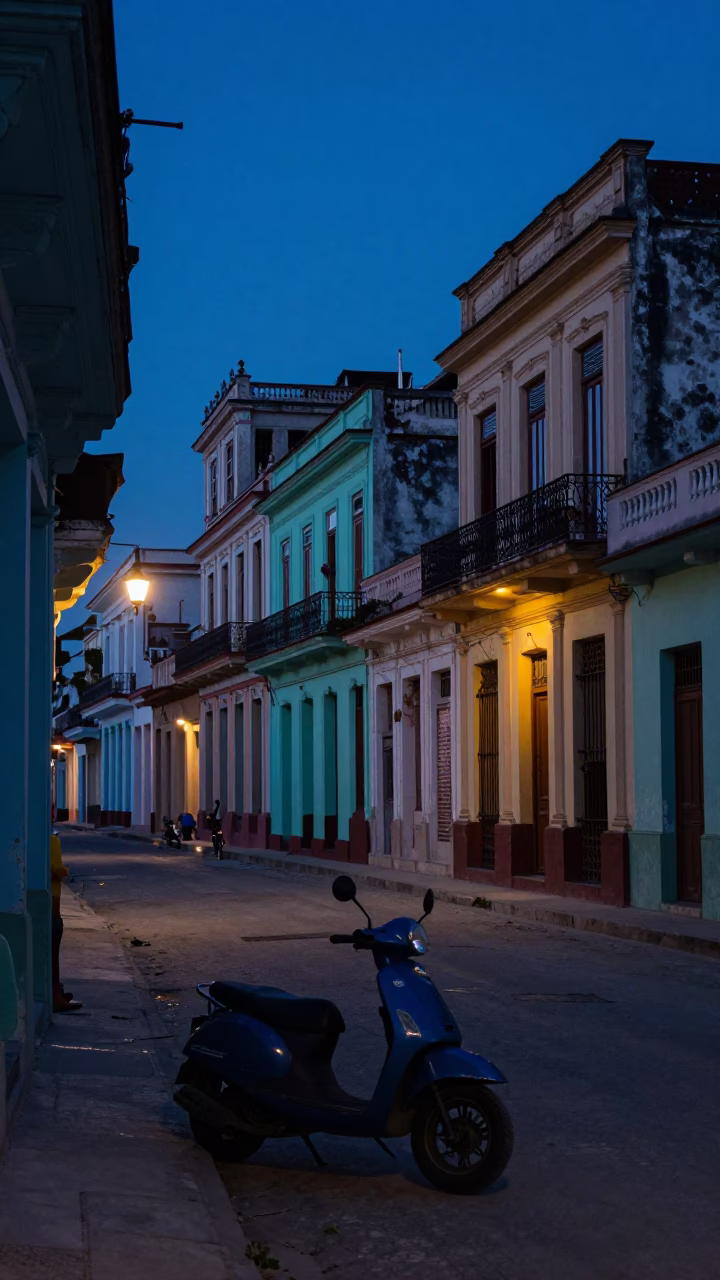 Predawn Havana Cuba Street Scene with Vintage Scooter and Colorful Colonial Architecture in in Havana, Cuba