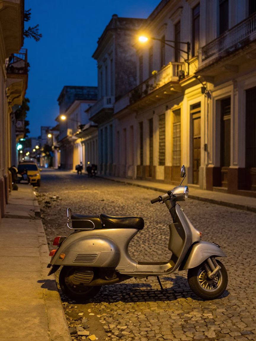 Predawn Havana Cuba Street Scene with Vintage Scooter and Local Market Stall in in Havana, Cuba