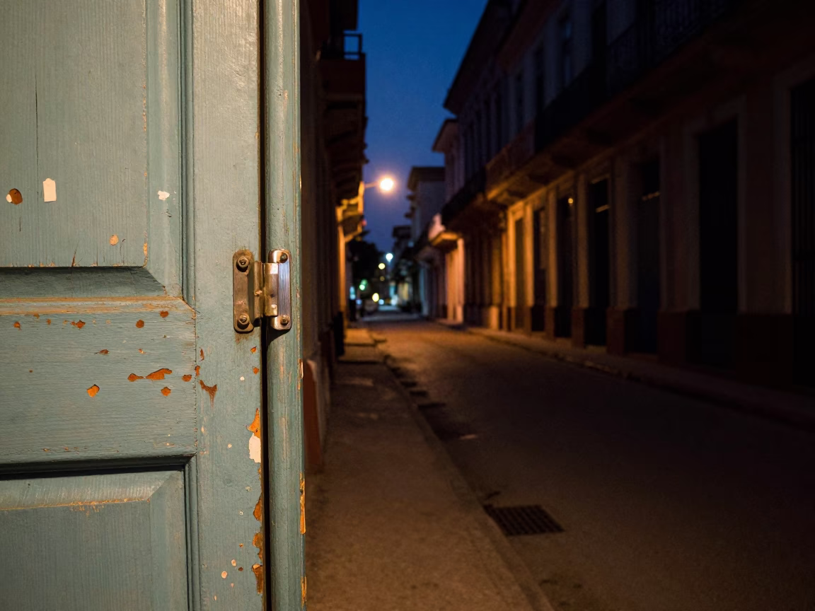 Predawn Havana Street Scene with Brushed Steel Hinge and Sun-bleached Canvas in in Havana, Cuba