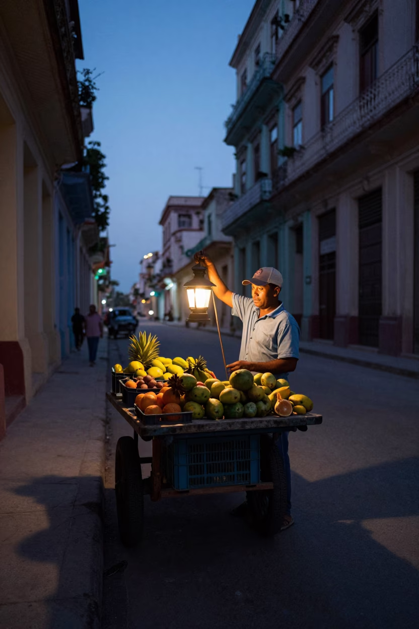Predawn Havana Street Scene with Glowing Lantern and Local Vendor Interaction in in Havana, Cuba