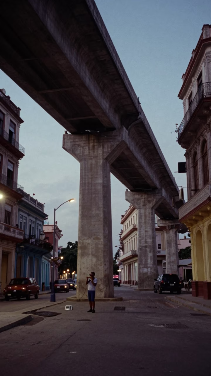 Predawn Havana Street Scene with Harmonica Player and Concrete Viaduct in in Havana, Cuba