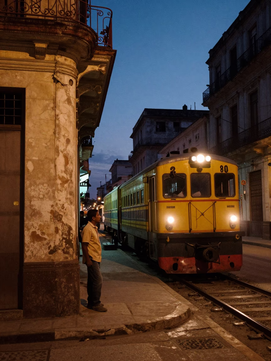 Predawn Havana Street Scene with Narrow Gauge Train and Rusty Tiles in in Havana, Cuba