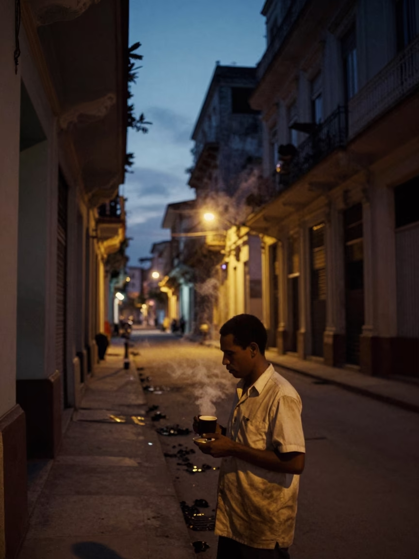 Predawn Havana Street Scene with Steam Rising from Coffee Cup and Lockbox in in Havana, Cuba