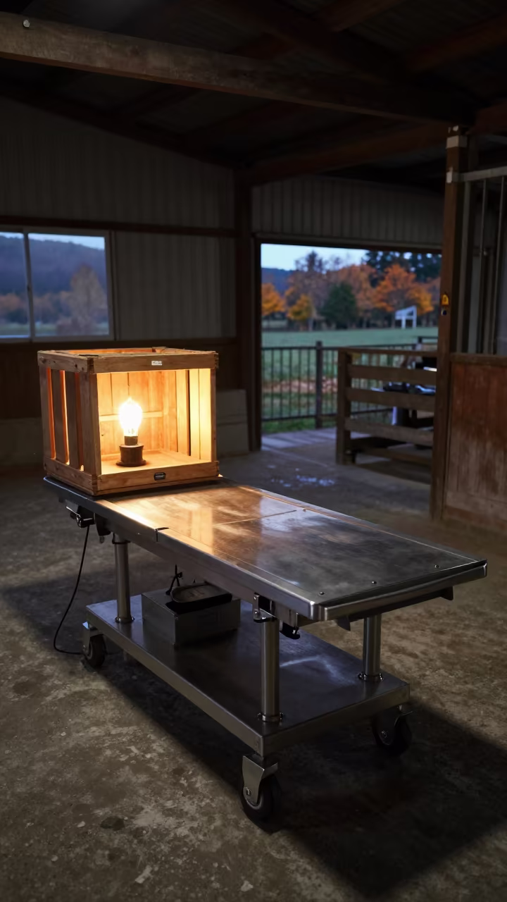 Predawn Heat Lamp in Kyushu Barn in beside a veterinary crush in a barn in Kyushu