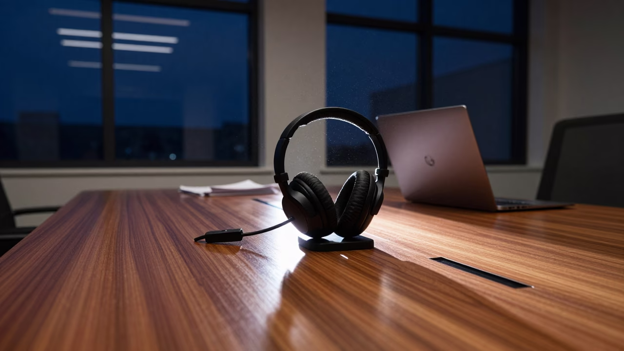 Predawn Help Desk Headset Dock in Sofia Boardroom in at a boardroom table before a meeting in Sofia