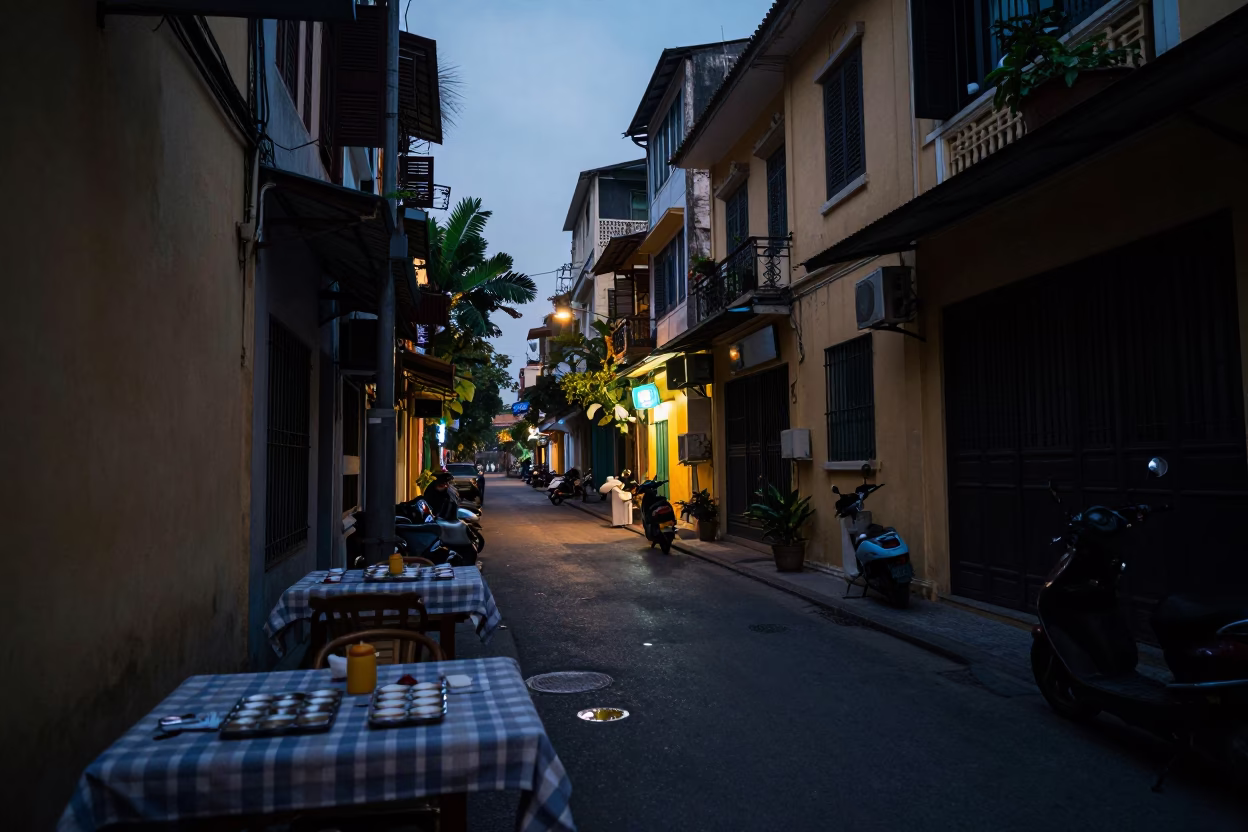 Predawn Ho Chi Minh City Street Scene with Blankets and Muffin Tins in in Ho Chi Minh City, Vietnam
