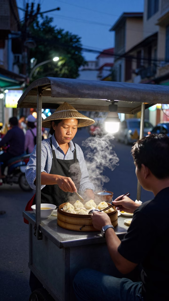 Predawn Ho Chi Minh Street Breakfast with Xiaolongbao and Vinegar in Vietnam in in Ho Chi Minh City, Vietnam