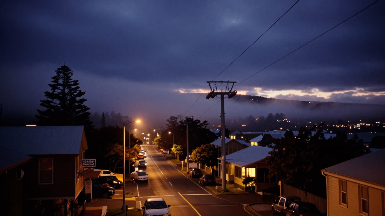 Predawn Hobart Street Scene with Aerial Tramway and Misty Mountain Valley in Tasmania in in Hobart, Tasmania, Australia
