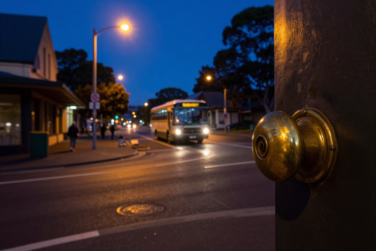Predawn Hobart Street Scene with Brass Doorknob Detail and Classic Bus in in Hobart, Tasmania, Australia
