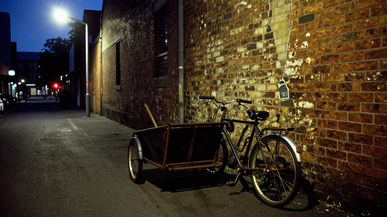 Predawn Hobart Street Scene with Cargo Bicycle and Pruning Shears in in Hobart, Tasmania, Australia