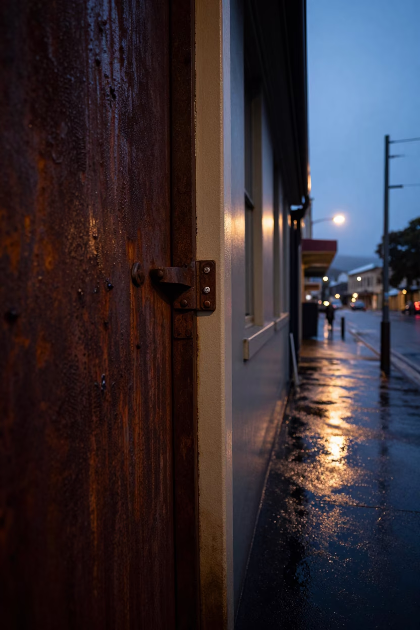 Predawn Hobart Street Scene with Fingerprinted Hinge and Damp Urban Details in in Hobart, Tasmania, Australia