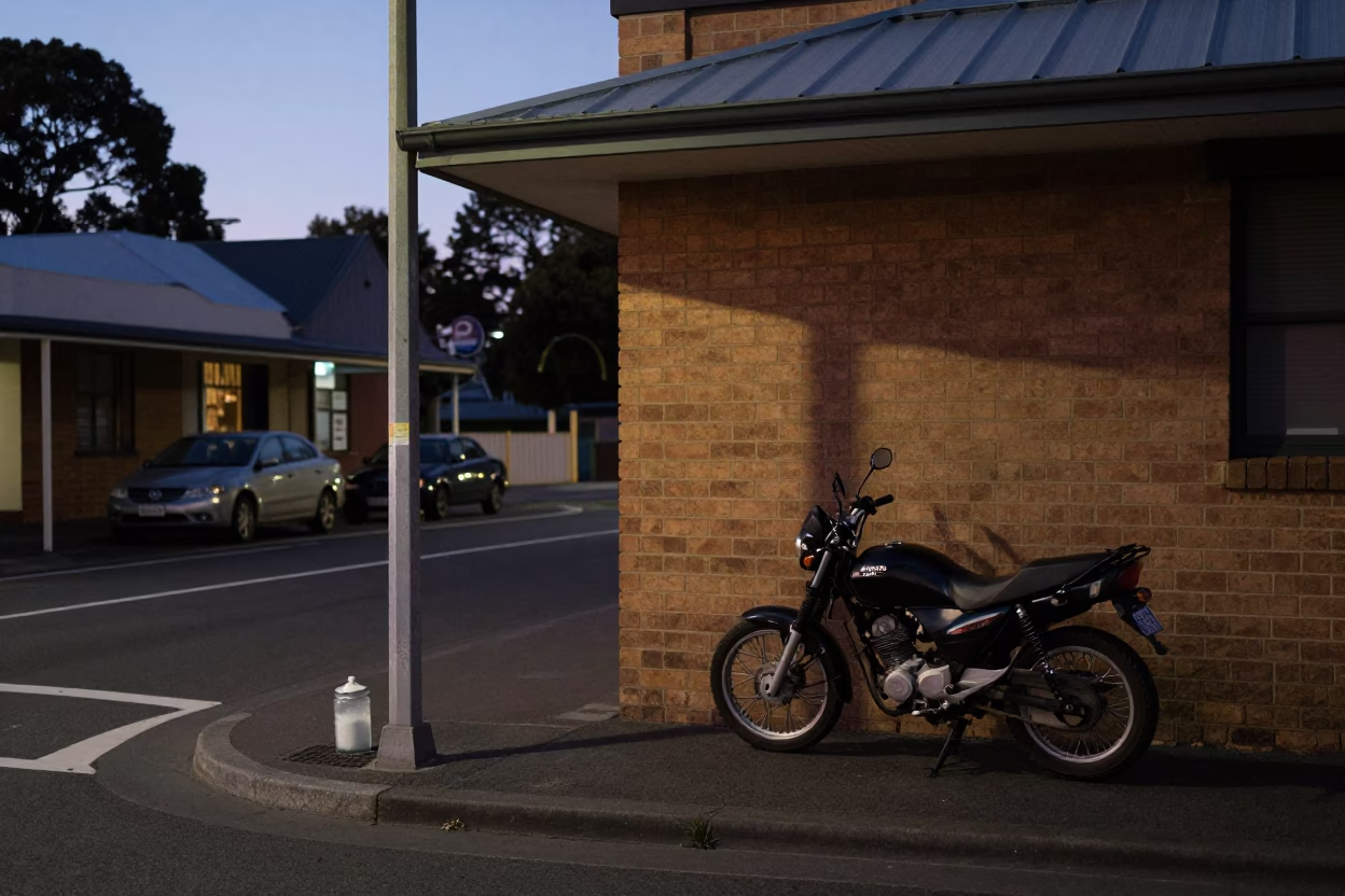Predawn Hobart Street Scene with Glass Sugar Jar and Motorcycle in in Hobart, Tasmania, Australia