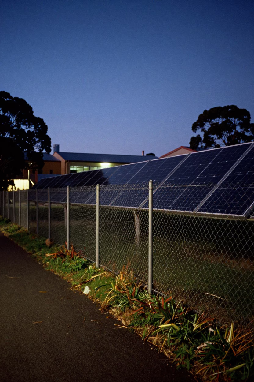 Predawn Hobart Street Scene with Solar Array Fence and Hacksaw in Tasmania in in Hobart, Tasmania, Australia