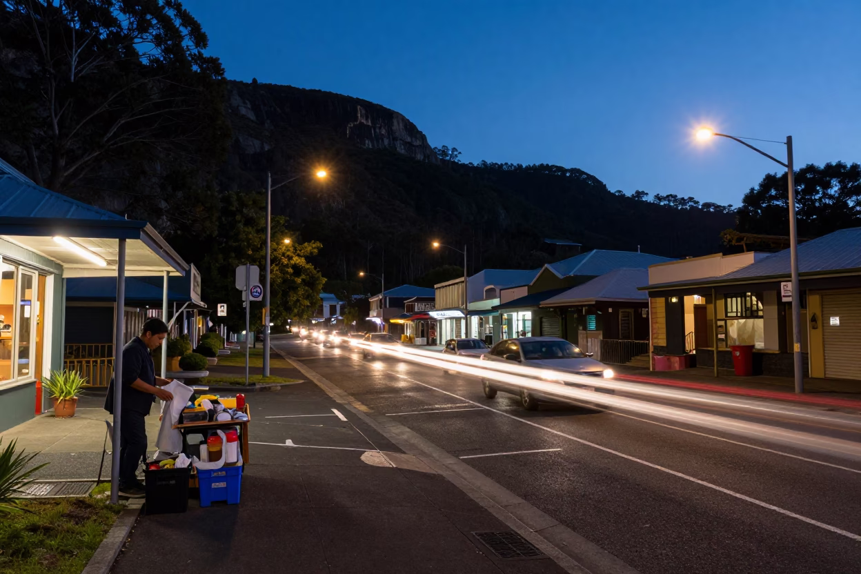 Predawn Hobart Street Scene with Taillight Streaks and Local Morning Activity in in Hobart, Tasmania, Australia