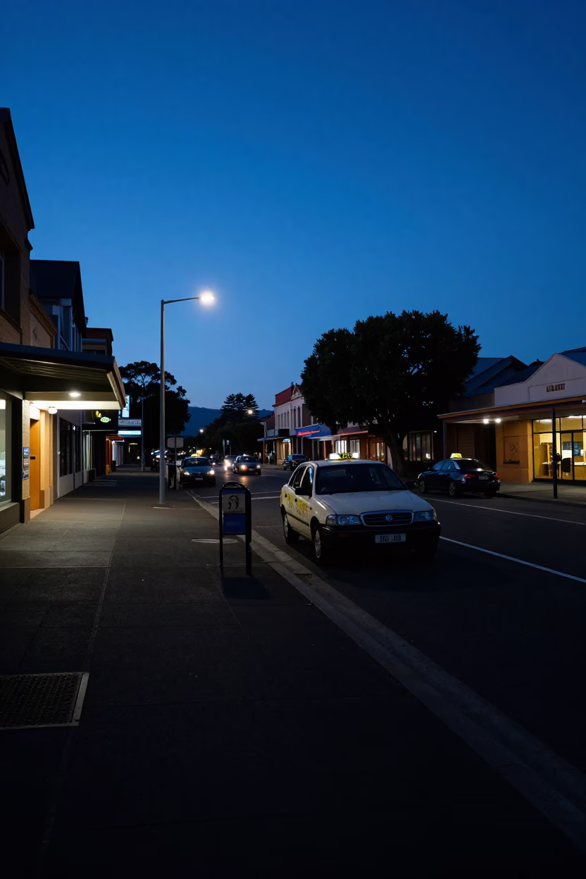 Predawn Hobart Street Scene with Taxi Rank and Distant Mount Wellington Silhouette in in Hobart, Tasmania, Australia