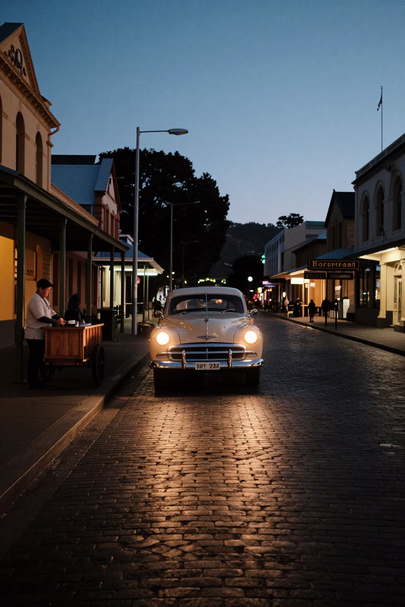 Predawn Hobart Street Scene with Vintage 1950s Car and Wicker Hamper in in Hobart, Tasmania, Australia