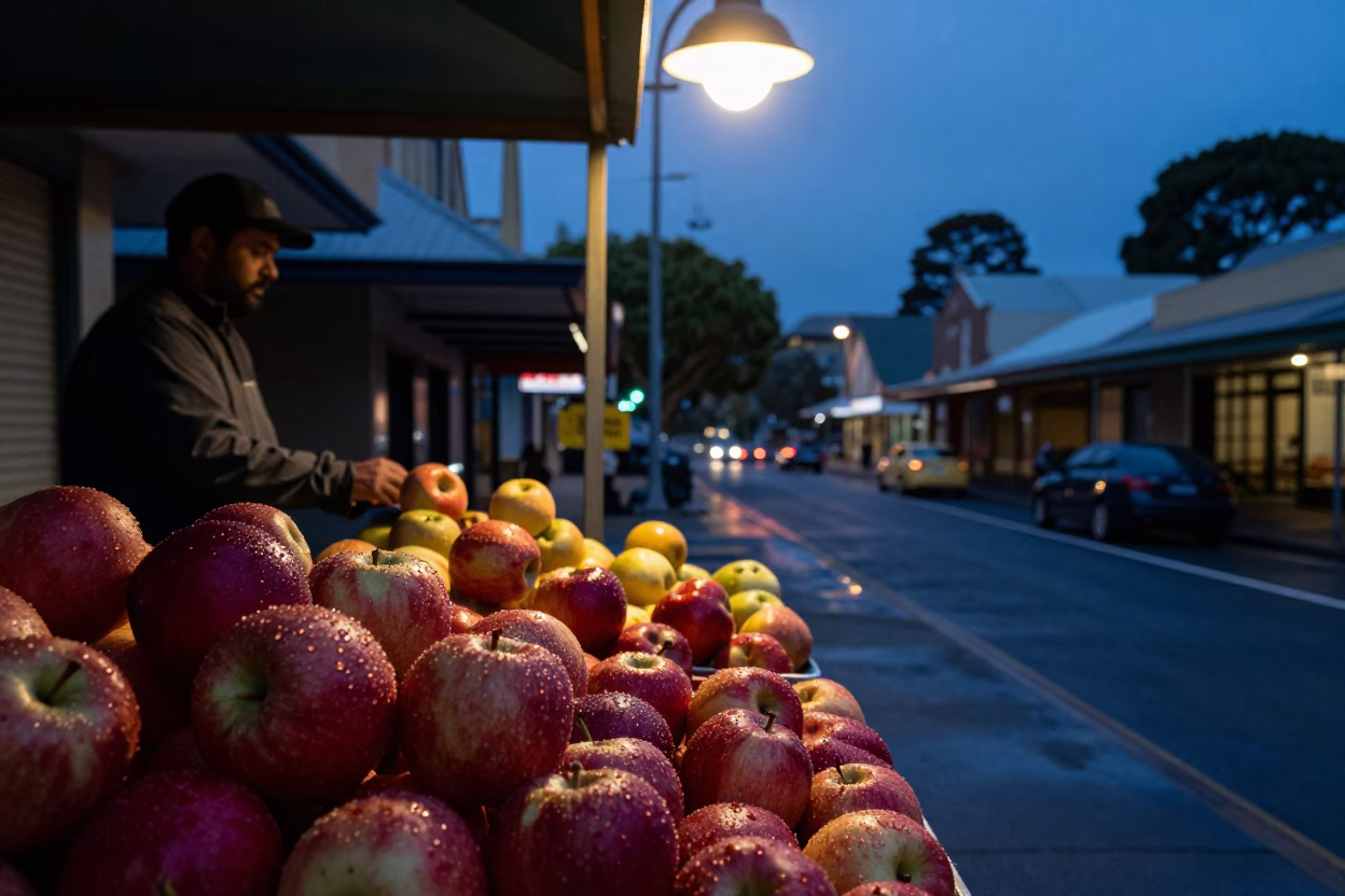 Predawn Hobart Street Scene With Wet Fruit And Vintage Details in in Hobart, Tasmania, Australia
