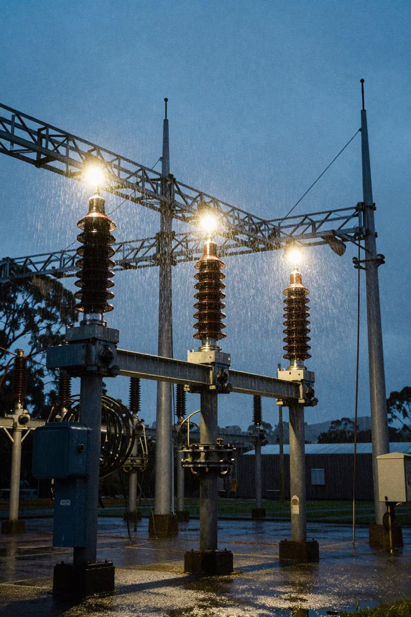Predawn Hobart Substation Insulators Sparkling Under Floodlights in Tasmania in in Hobart, Tasmania, Australia