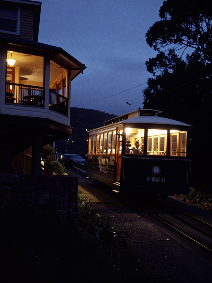 Predawn Hobart Tasmania Australia Funicular Railway Approaching Cliffside Restaurant Dark Morning in in Hobart, Tasmania, Australia