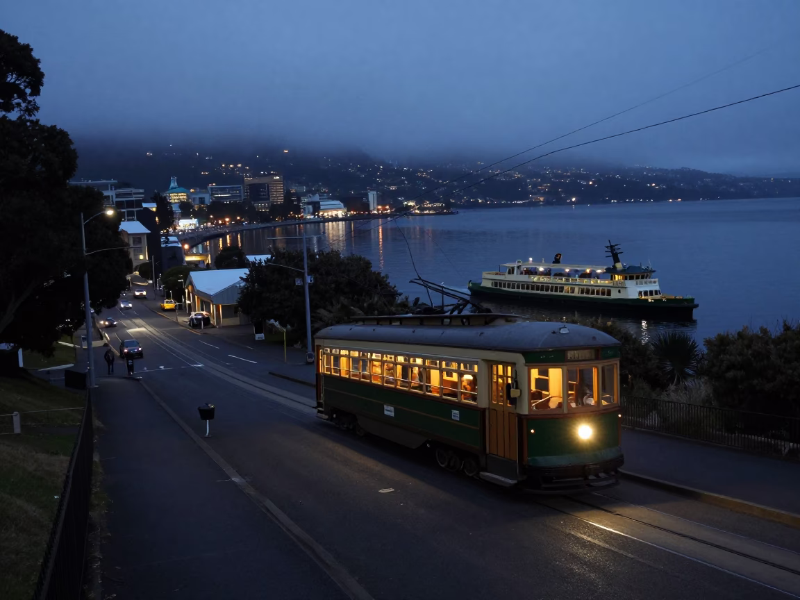 Predawn Hobart Tasmania Australia Street Scene with Tram and Fjord Ferry in in Hobart, Tasmania, Australia