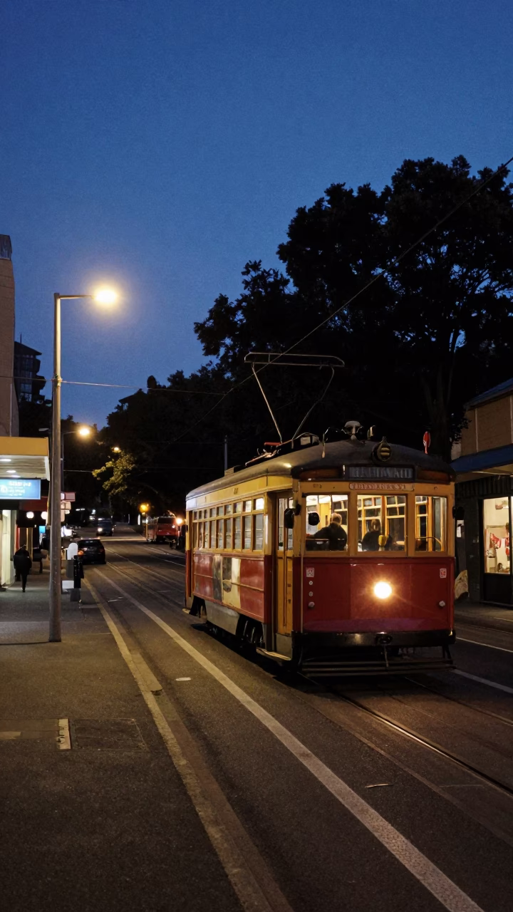 Predawn Hobart Tasmania Australia Street Scene with Tram on Steep Hill in 1980s Realism in in Hobart, Tasmania, Australia
