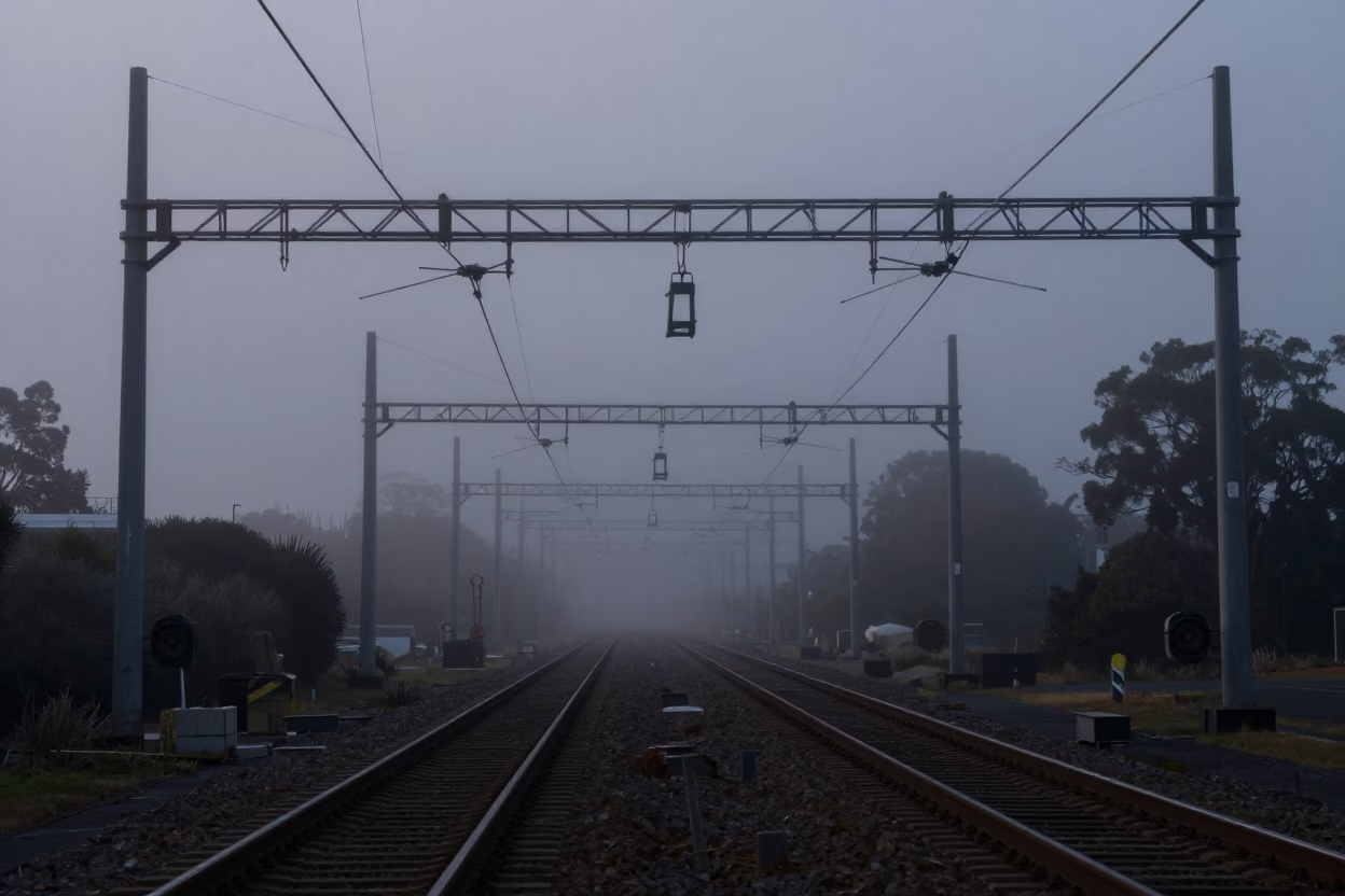 Predawn Hobart Tasmania Industrial Rail Catenary System Receding Through Fog in in Hobart, Tasmania, Australia