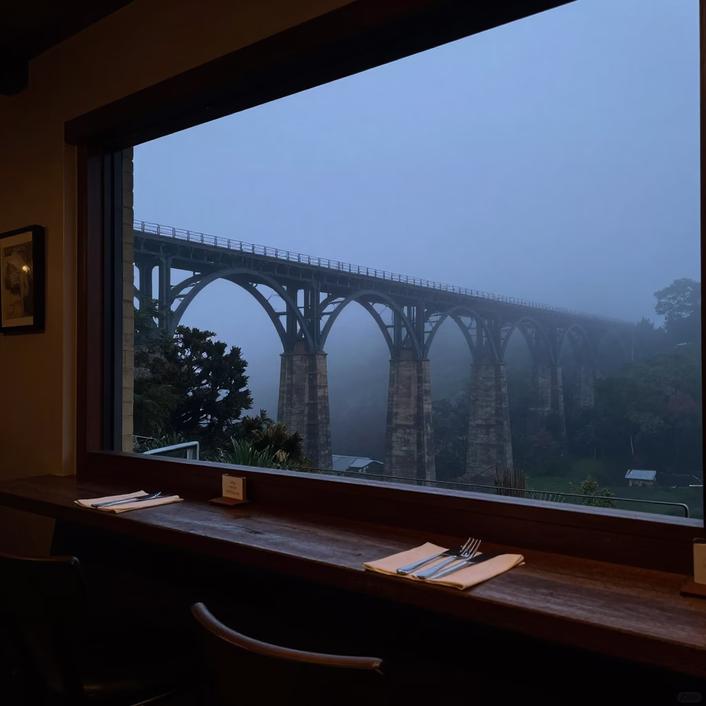 Predawn Hobart Tasmania Railway Viaduct and Cutlery on Counter in in Hobart, Tasmania, Australia