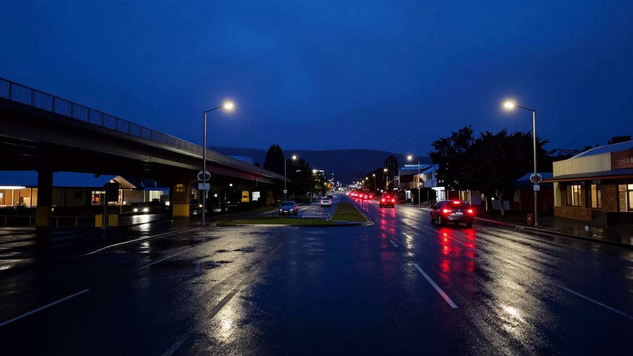 Predawn Hobart Tasmania Street Scene with Glowing Taillights and Rain-Slicked Roads in in Hobart, Tasmania, Australia