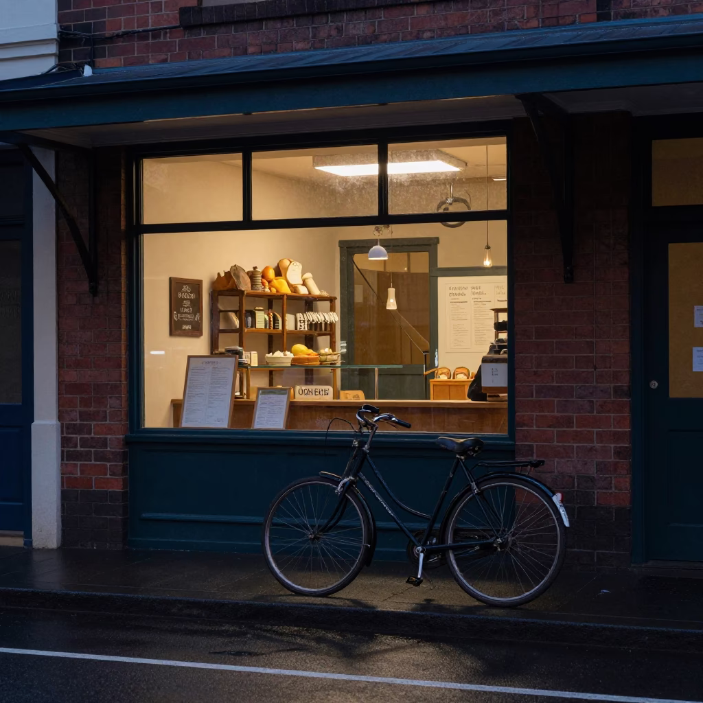 Predawn Hobart Tasmania Street Scene with Vintage Bicycle and Bakery Exterior in in Hobart, Tasmania, Australia