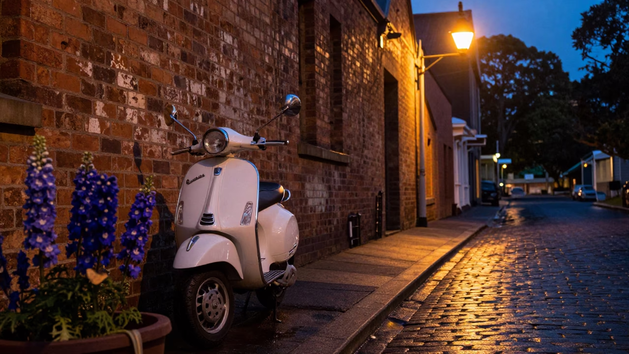 Predawn Hobart Tasmania Street Scene with Vintage Vespa and Delphiniums in in Hobart, Tasmania, Australia
