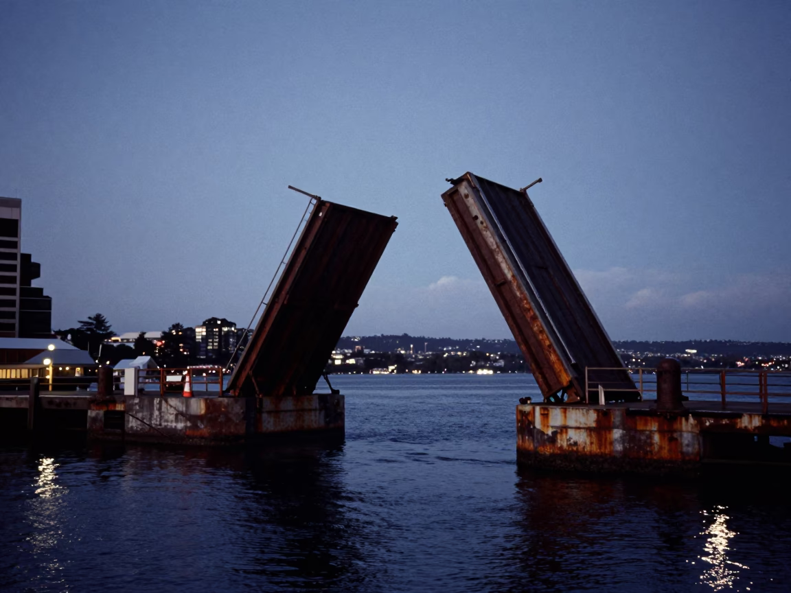 Predawn Hobart Tasmania waterfront scene with rusted drawbridge and harbor lights in in Hobart, Tasmania, Australia