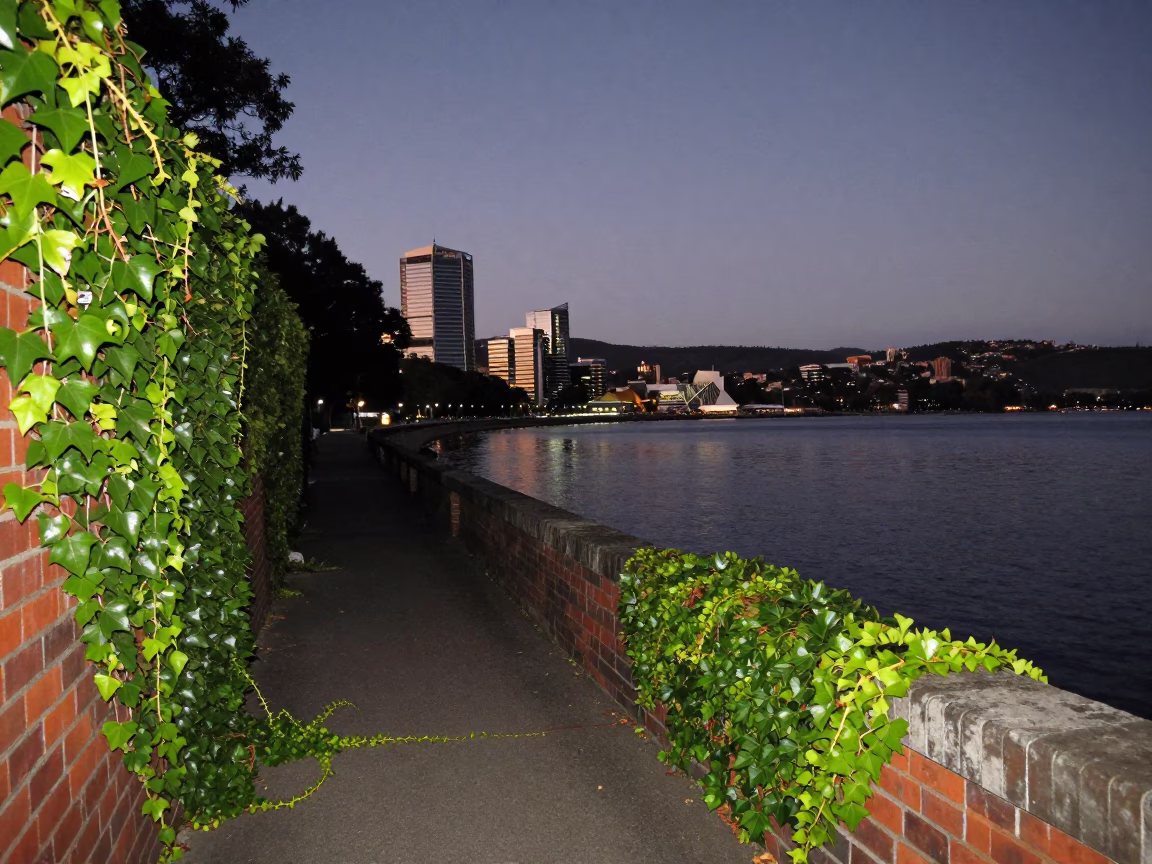 Predawn Hobart Waterfront with Funicular and Ivy in Tasmanian Darkness in in Hobart, Tasmania, Australia