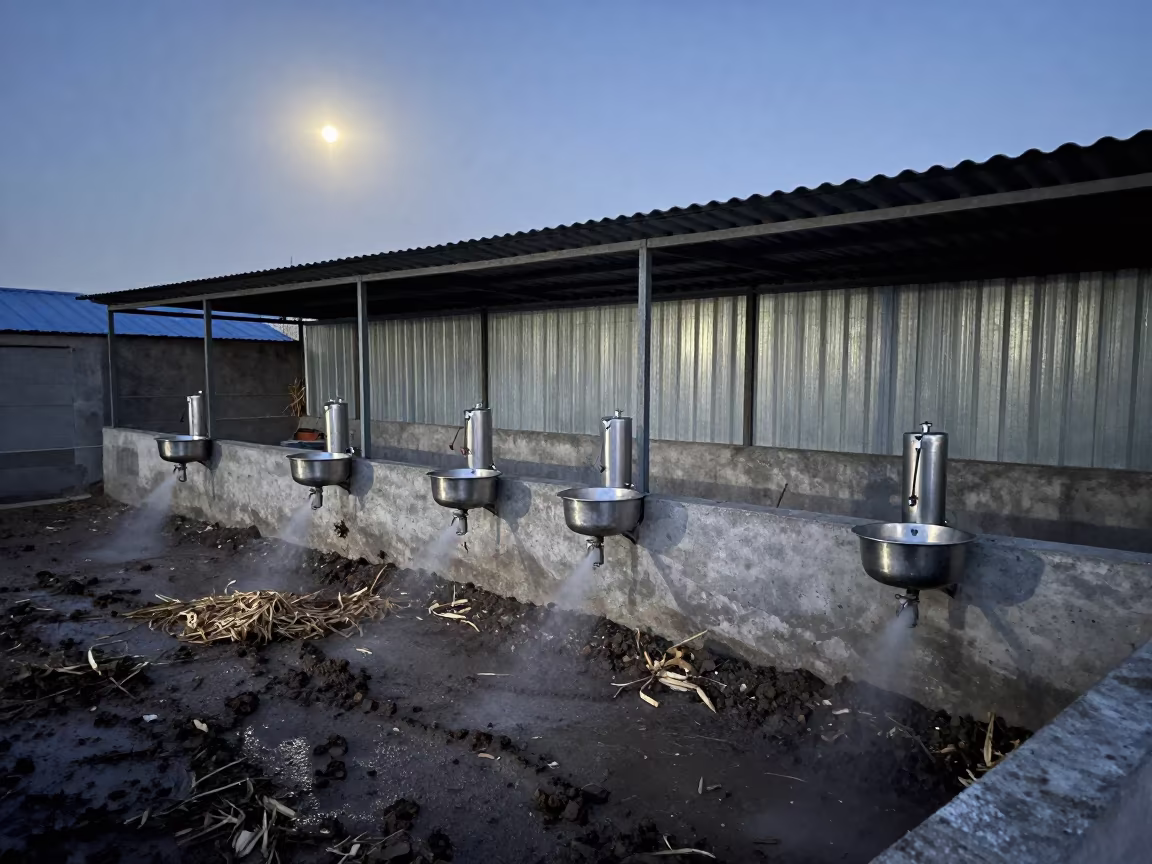 Predawn Hog Yard with Cooling Misters and Hoof Marks in along a feedlot lane in China