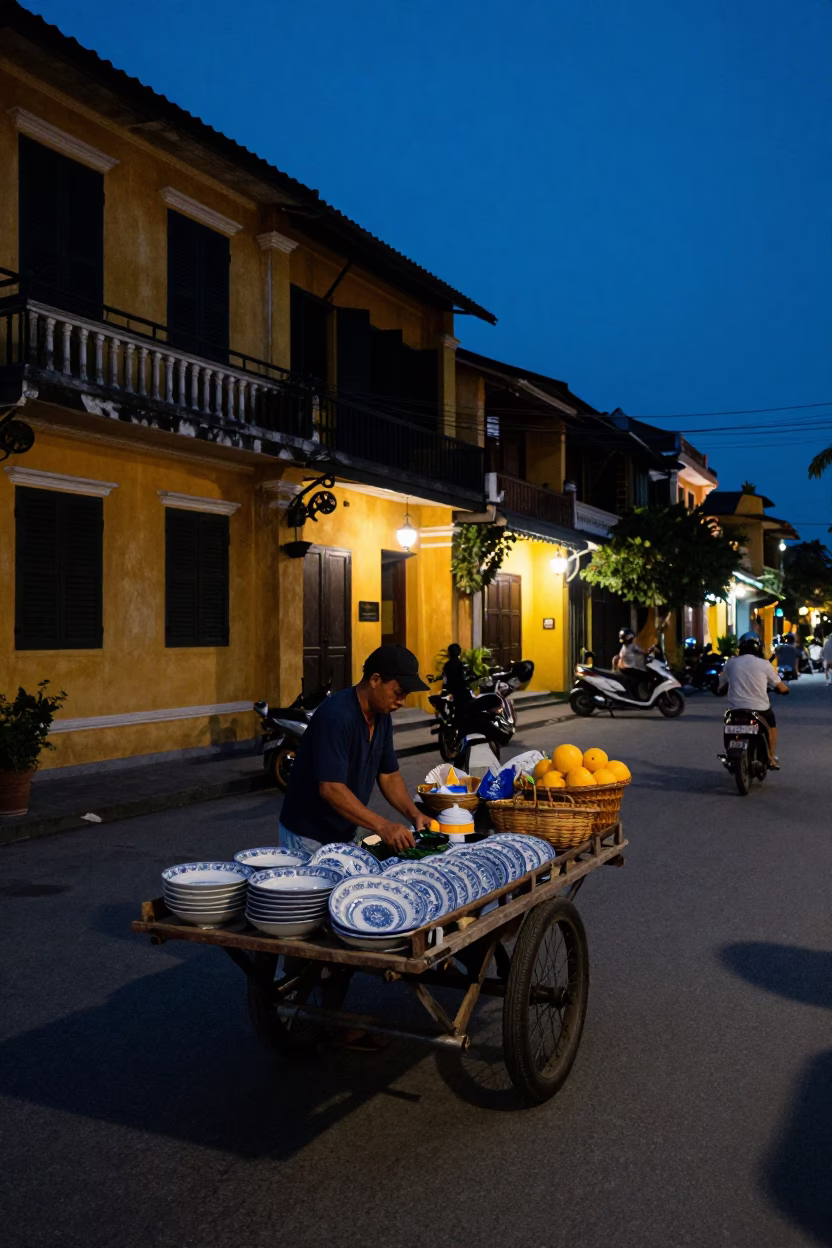 Predawn Hoi An Street Scene with Ceramic Plate and Basket Tray in in Hoi An, Vietnam