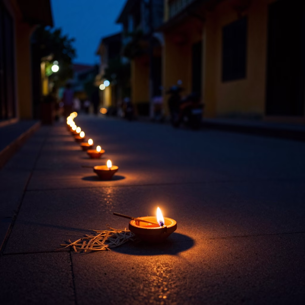 Predawn Hoi An Street Scene with Diwali Oil Lamps and Wicker Shadows in in Hoi An, Vietnam