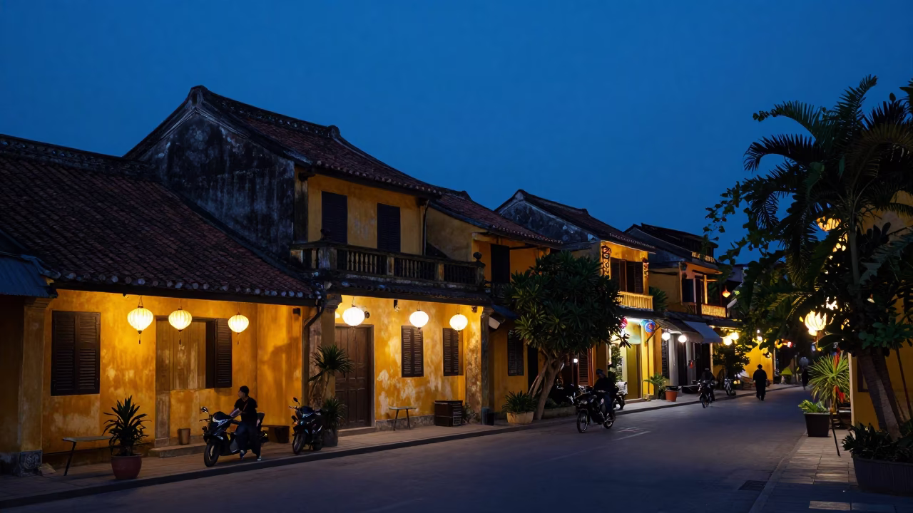 Predawn Hoi An Street Scene with Lanterns and Local Morning Activity in in Hoi An, Vietnam