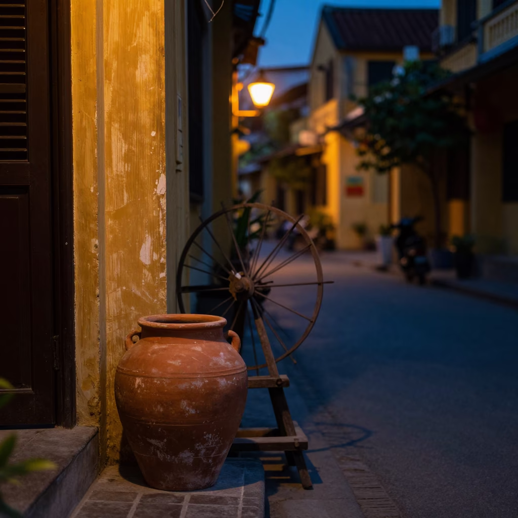 Predawn Hoi An street scene with terracotta pot and spindle chair in darkness in in Hoi An, Vietnam