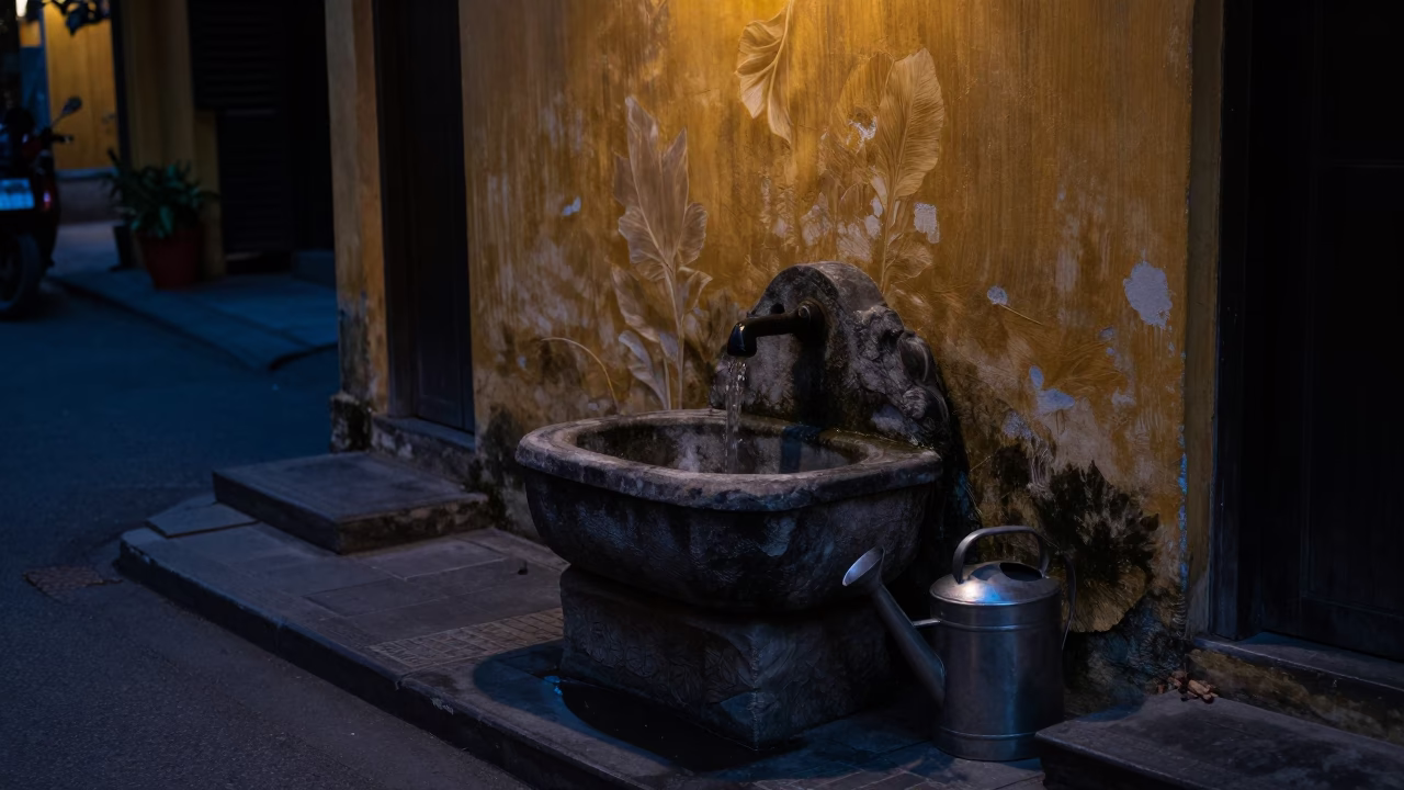 Predawn Hoi An Street Scene with Wash Basin and Watering Jug in Vietnam in in Hoi An, Vietnam