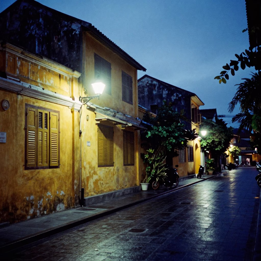 Predawn Hoi An Street Scene with Yellow Shuttered Buildings and Early Market Activity in in Hoi An, Vietnam